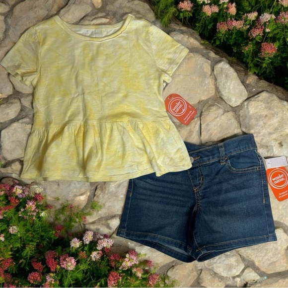 Wonder Nation Size 6 - 6X Girls 2pcs Yellow Top And Blue Denim shorts Set Peplum - Picture 3 of 11